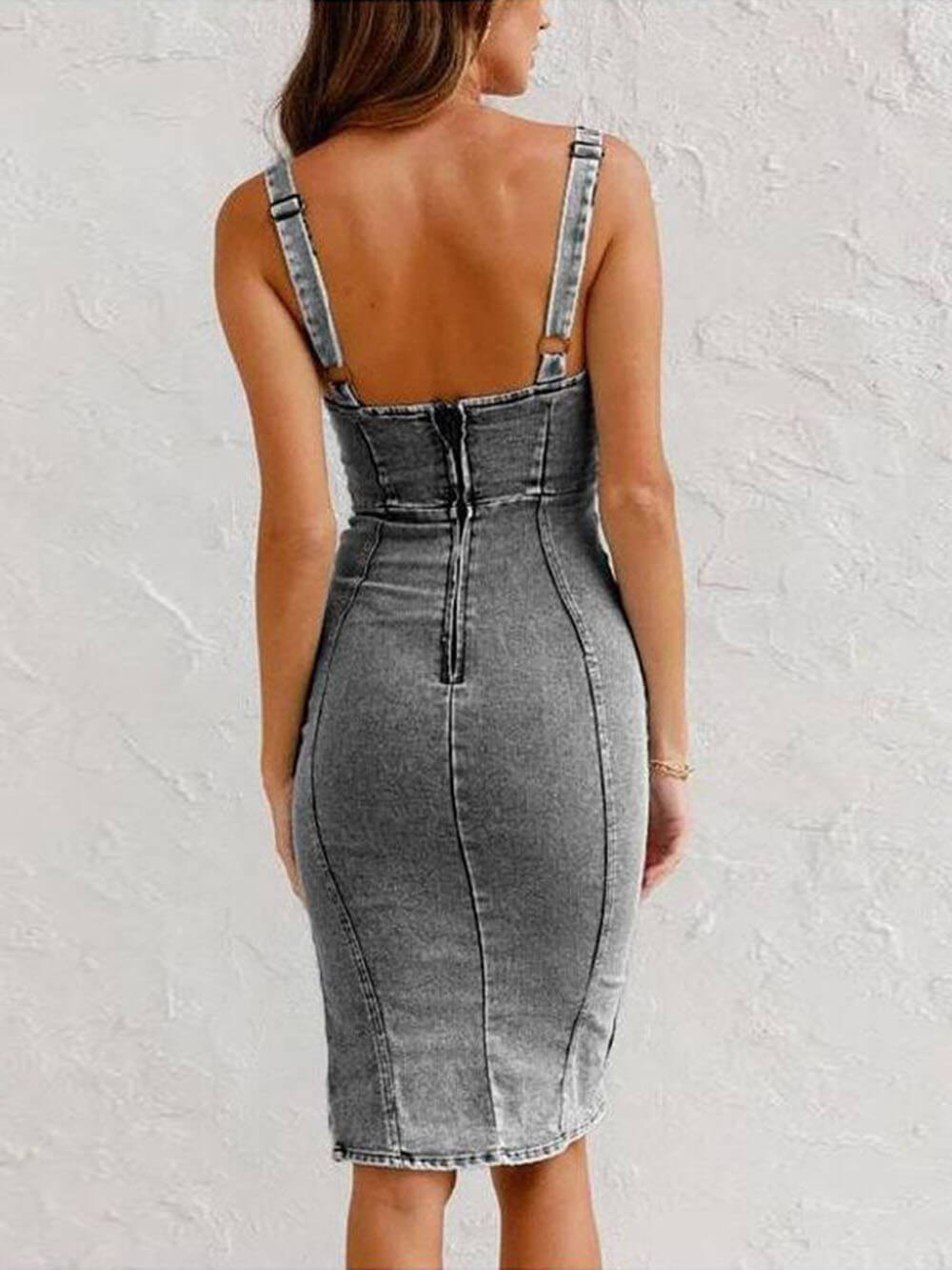 This Seasons Staple Denim Adjustable Straps Zip-up Firm Stretch Midi Dress Mssaz Desses