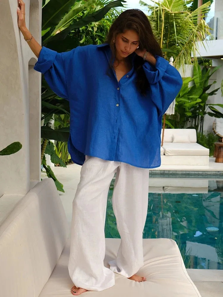Elegant Turn Collar Solid Linen Long Sleeve Loose Shirts Mssza
