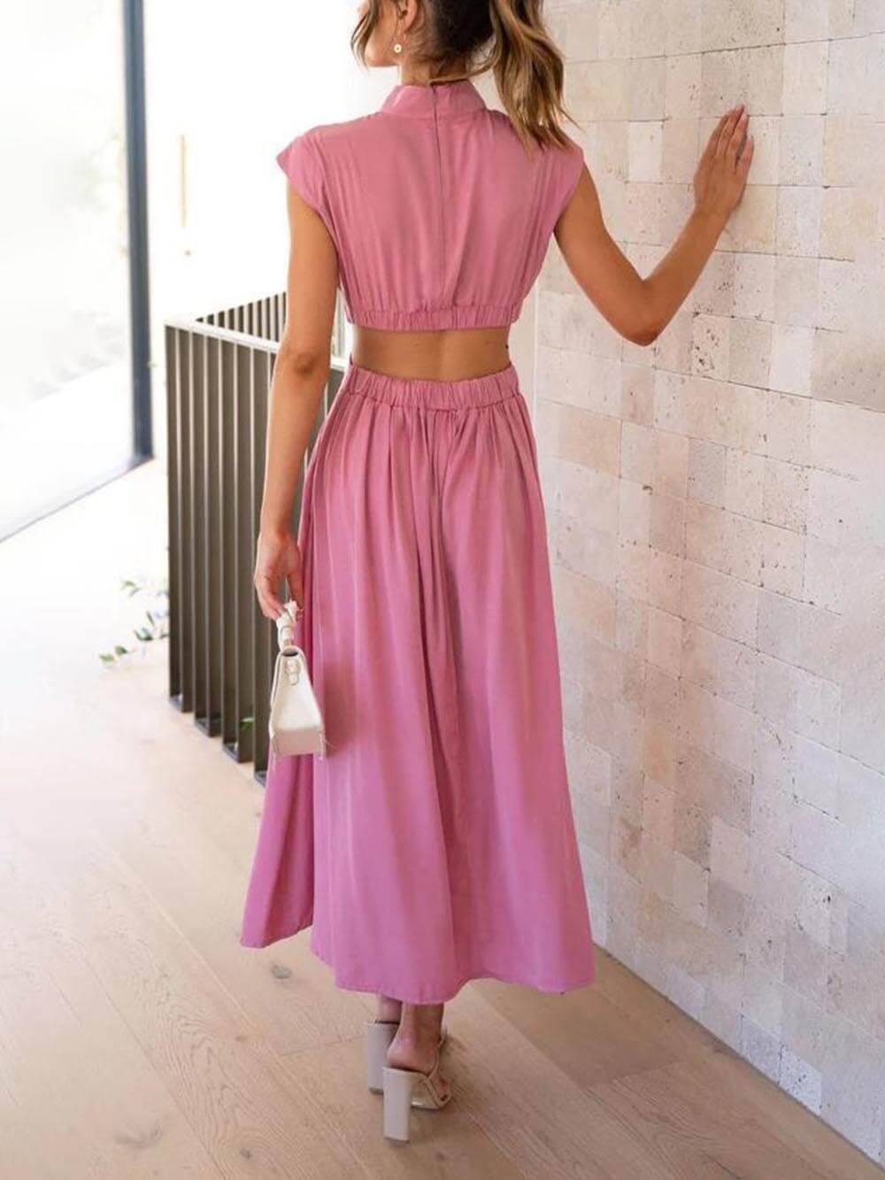 Cutout Waist Pocketed Vacation Midi Dress Mssaz Desses