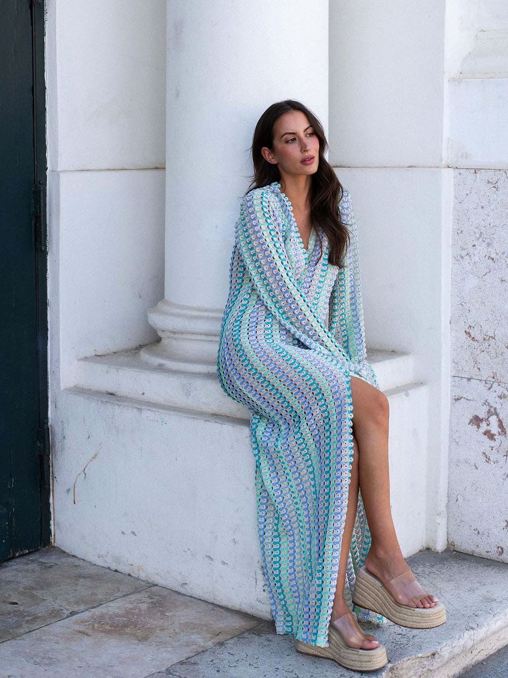 Boho V Neck Bell Sleeve Wavy Striped Crochet Beach Vacation Maxi Dress Blue Mssaz Desses