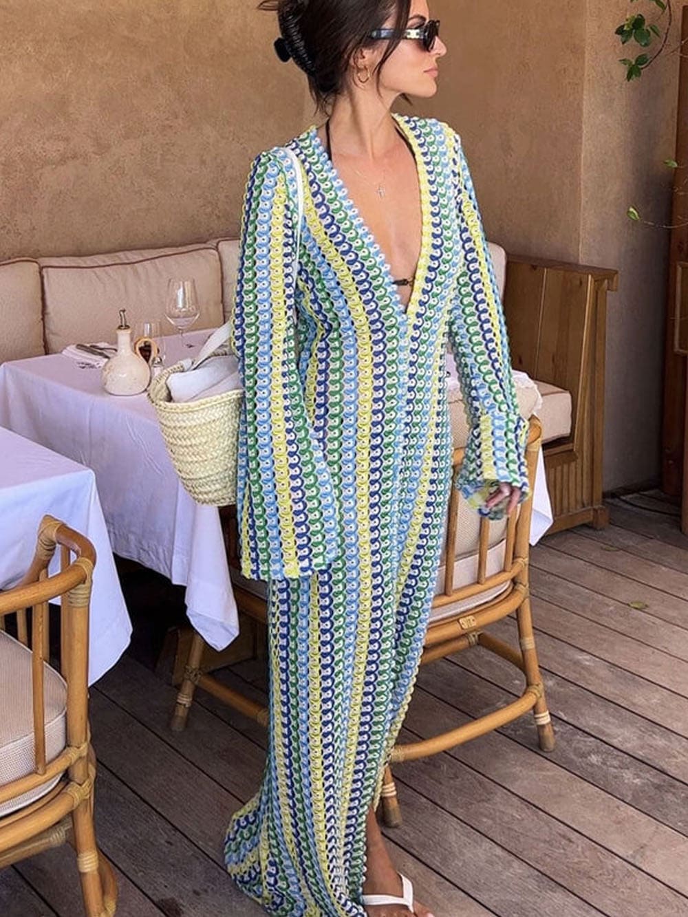 Boho V Neck Bell Sleeve Wavy Striped Crochet Beach Vacation Maxi Dress Yellow Mssaz Desses