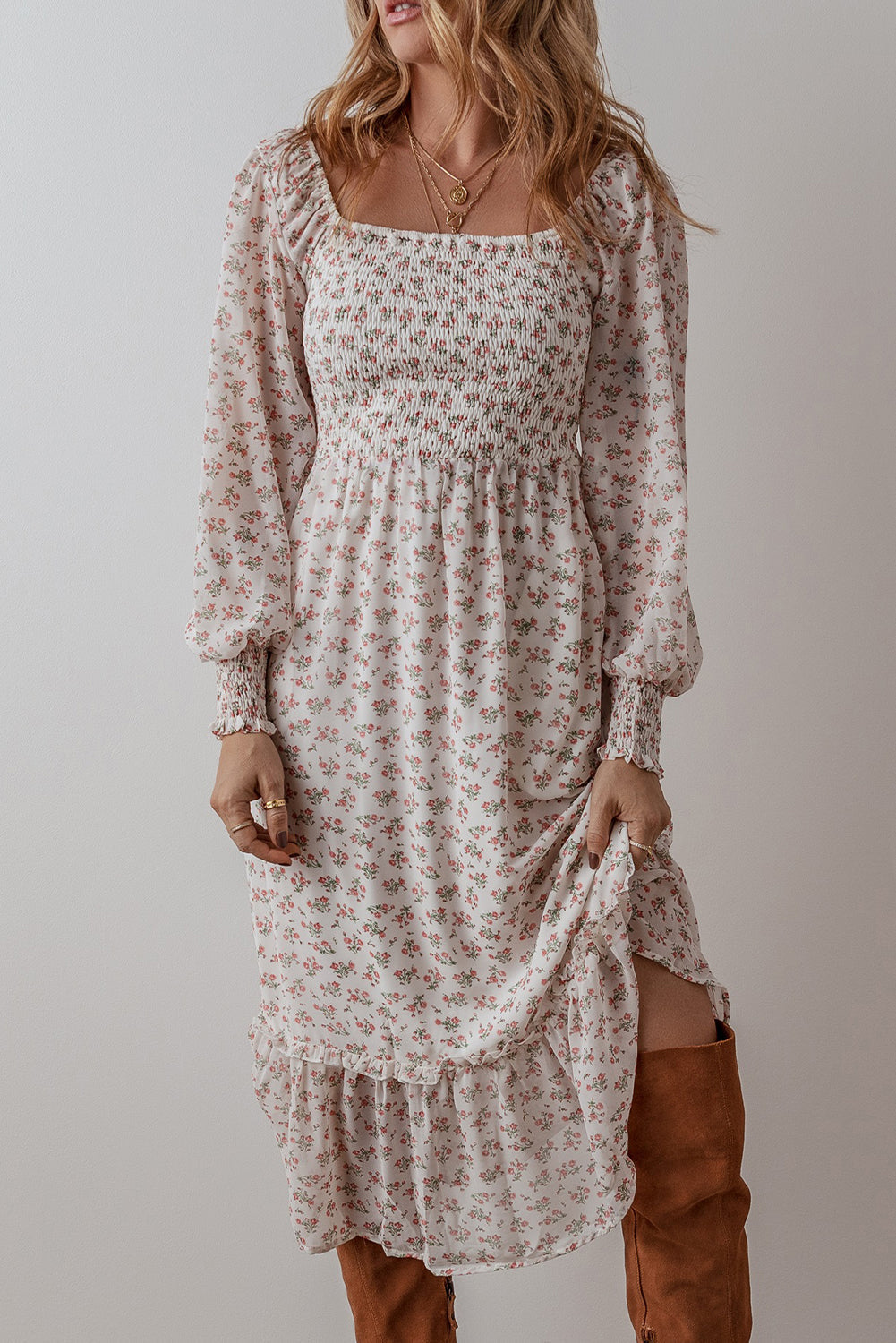 White Floral Print Shirred Ruffled Hem Square Neck Midi Dress Mssaz Desses