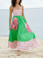 Floral Print Paneled Striped Suspender Mixi Dress Mssaz Desses
