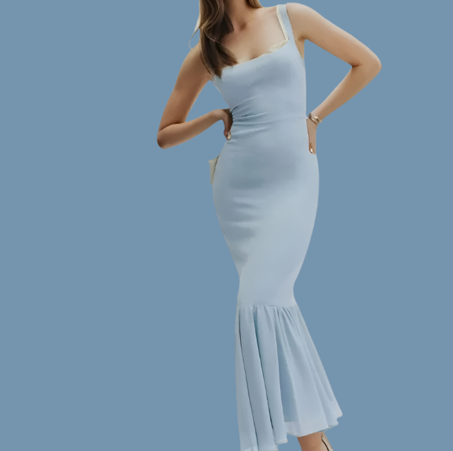 Light Blue Spliced Ruffles Hem Midi Dress Mssaz Desses