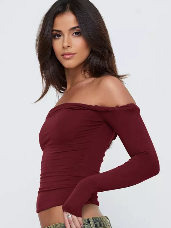 Elegant Bateau Off-shoulder Solid Color Long Sleeve T-shirt Mssza