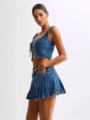 Casual Front Tie Crop Top And Mini Skirt Denim Two Piece Set Mssza