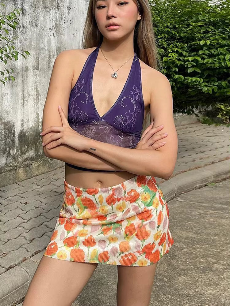 Casual Asymmetrical Flower Print Culotes Street Hottie Trend Sequins Skirts Mssza
