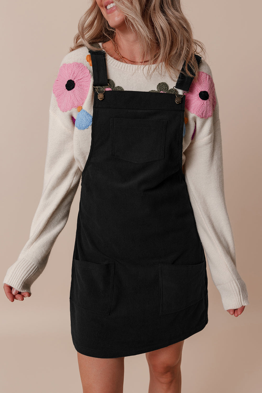 Black Solid Front Pockets Sleeveless Corduroy Overall Dress Mssaz Desses