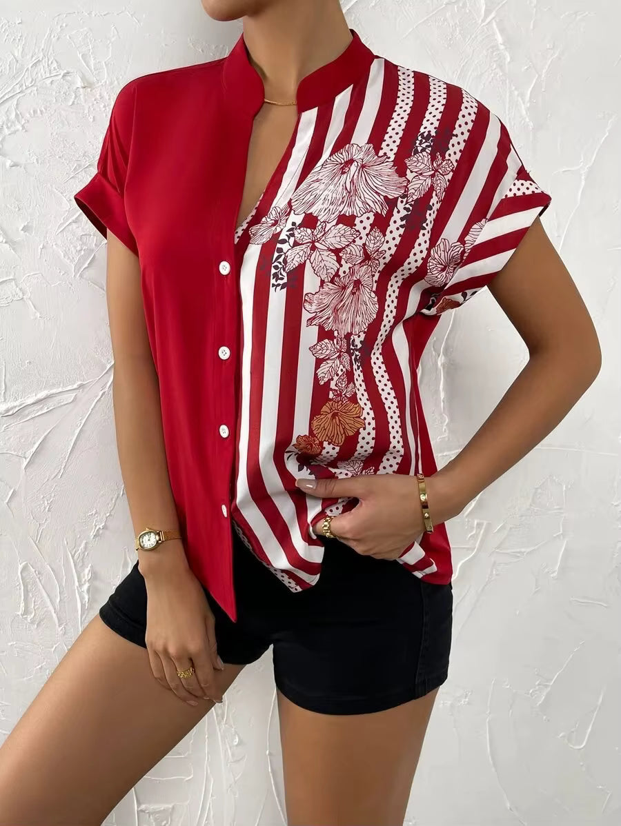 Casual Single Breasted Floral V-Neck Short Sleeve Bohemian Printed Shirt Mssza