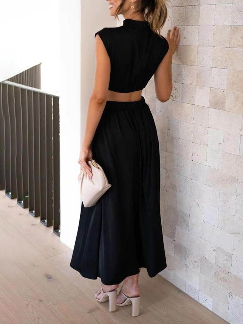 Cutout Waist Pocketed Vacation Midi Dress Mssaz Desses