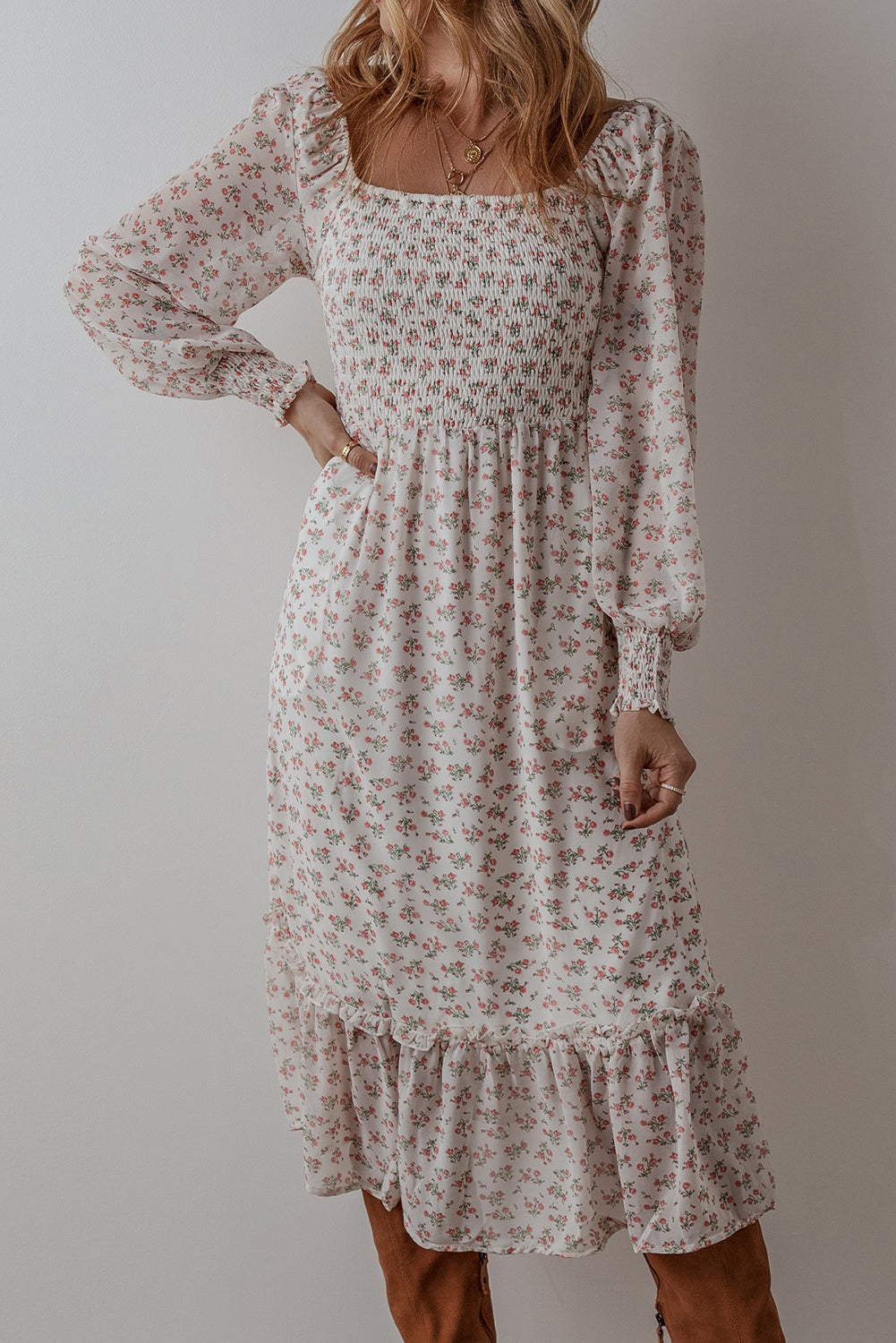 White Floral Print Shirred Ruffled Hem Square Neck Midi Dress Mssaz Desses