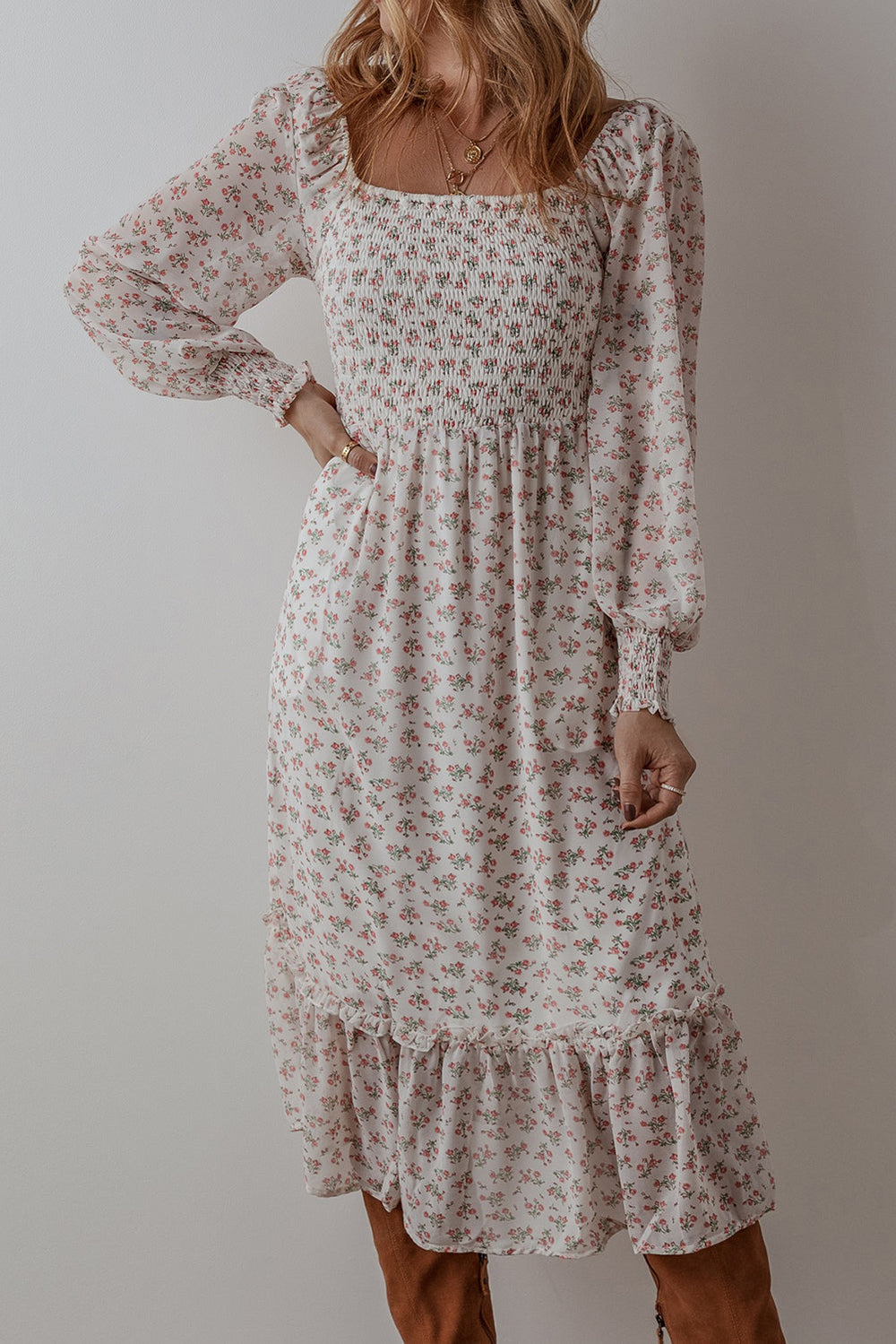 White Floral Print Shirred Ruffled Hem Square Neck Midi Dress Mssaz Desses