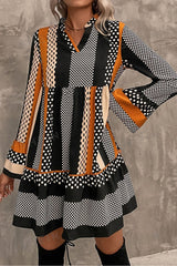 Black Striped Polka Dot Print Ruffled Hem V Neck Mini Dress Mssaz Desses