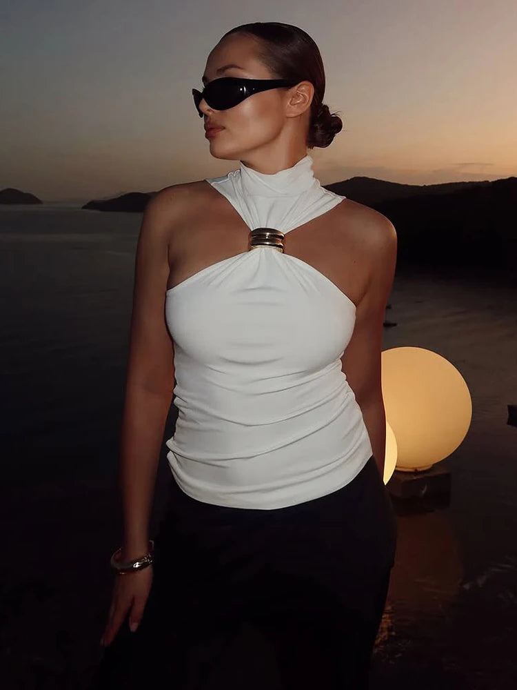Elegant Metal Knot Solid Pleated Sleeveless Stretch Skinny Tank Tops Mssza