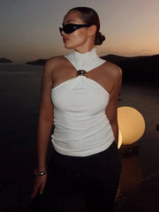 Elegant Metal Knot Solid Pleated Sleeveless Stretch Skinny Tank Tops Mssza