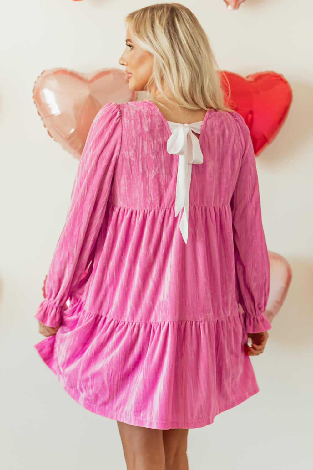 Strawberry Pink Flounce Sleeve Tiered Ruffled Velvet Mini Dress Mssaz Desses