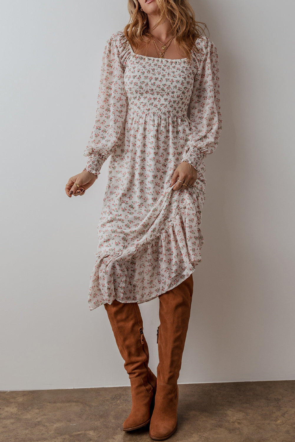 White Floral Print Shirred Ruffled Hem Square Neck Midi Dress Mssaz Desses