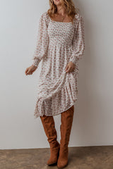 White Floral Print Shirred Ruffled Hem Square Neck Midi Dress Mssaz Desses