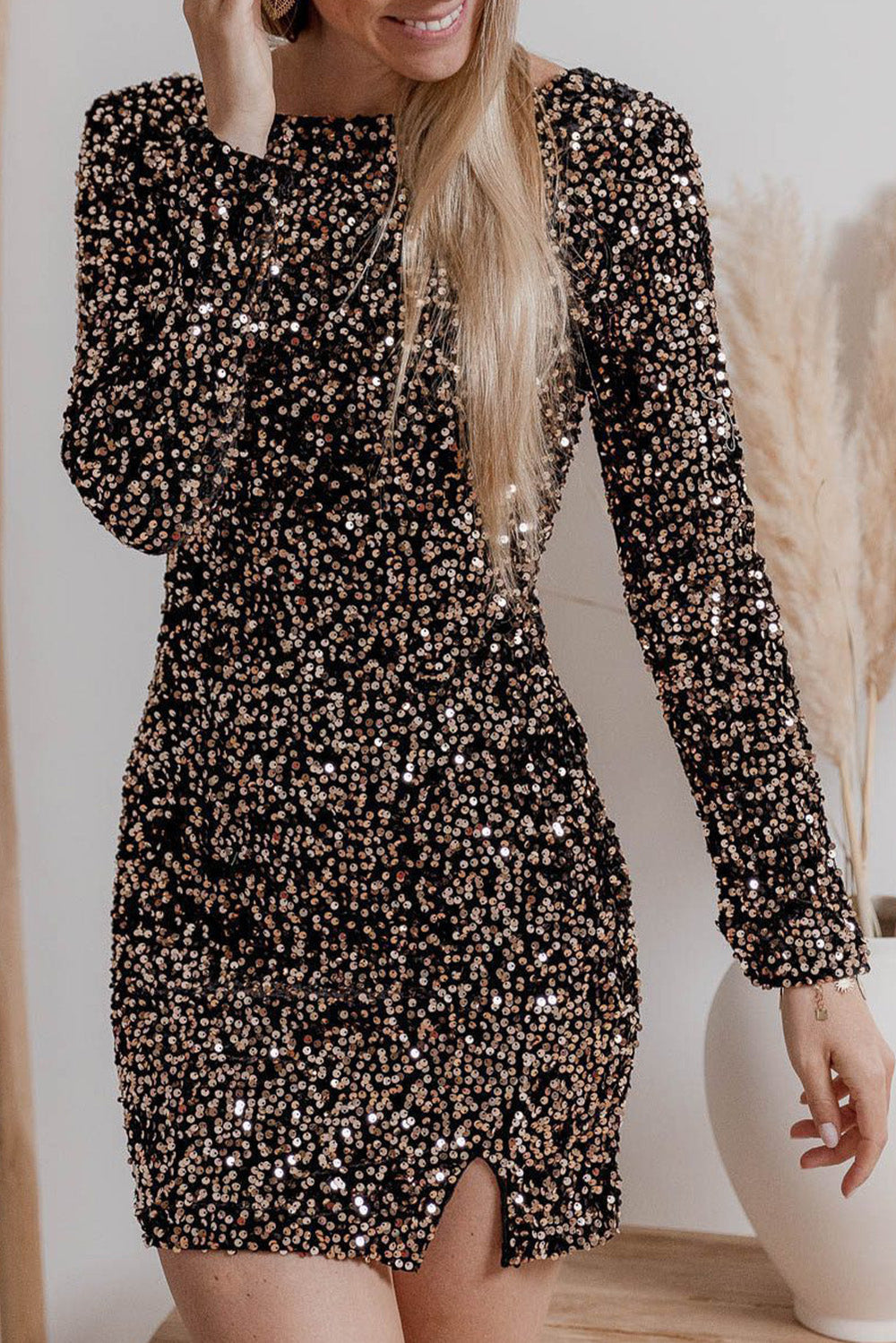 Chestnut Sequin Crew Neck Long Sleeve Bodycon Dress Mssaz Desses