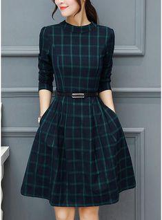 dress autumn outfit plaid print long sleeve o neck belted outfit Mssaz Desses