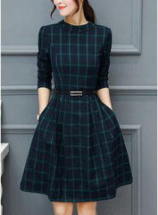 dress autumn outfit plaid print long sleeve o neck belted outfit Mssaz Desses