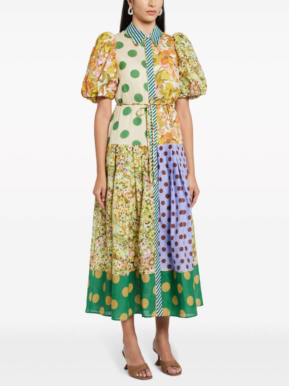 Exquisite Retro Floral Print Puff Sleeve Midi Dress Mssaz Desses