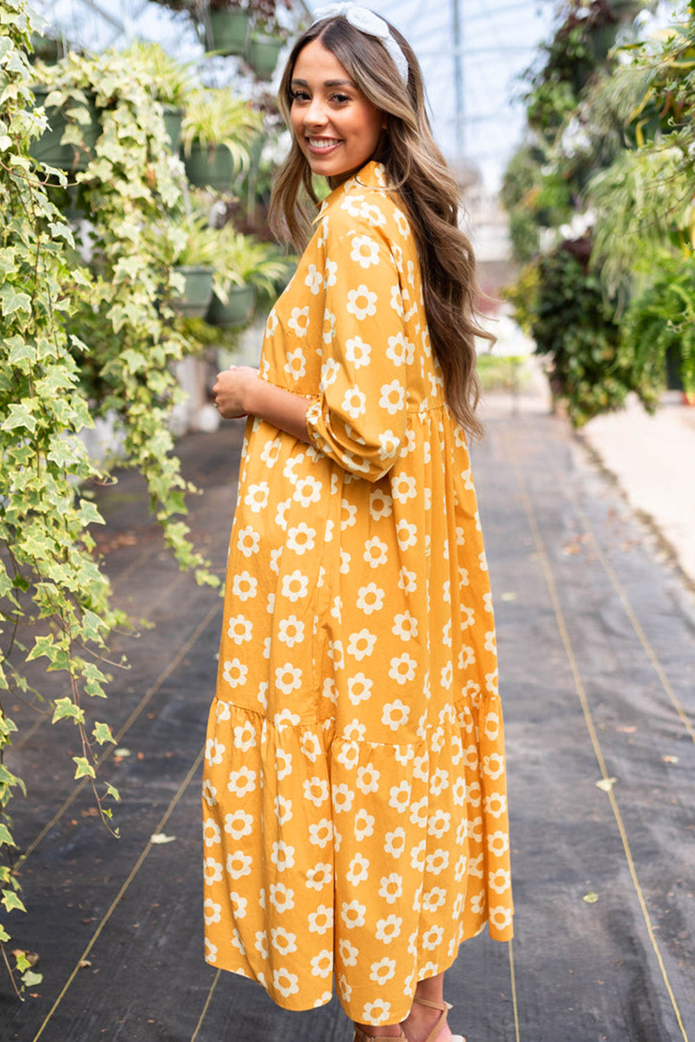 Yellow Flower Print Bracelet Sleeve Buttons Collared Maxi Dress Mssaz Desses