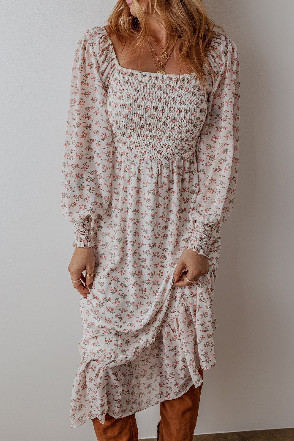 White Floral Print Shirred Ruffled Hem Square Neck Midi Dress Mssaz Desses