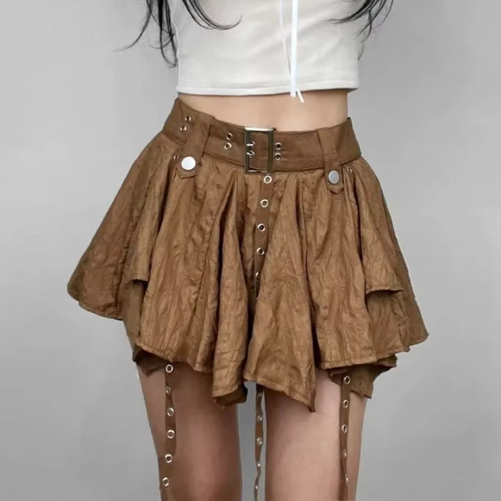 Trendy Crumpled Layer With Belt Strap Elastic Back Asymmetrical Mini Skirt Mssza