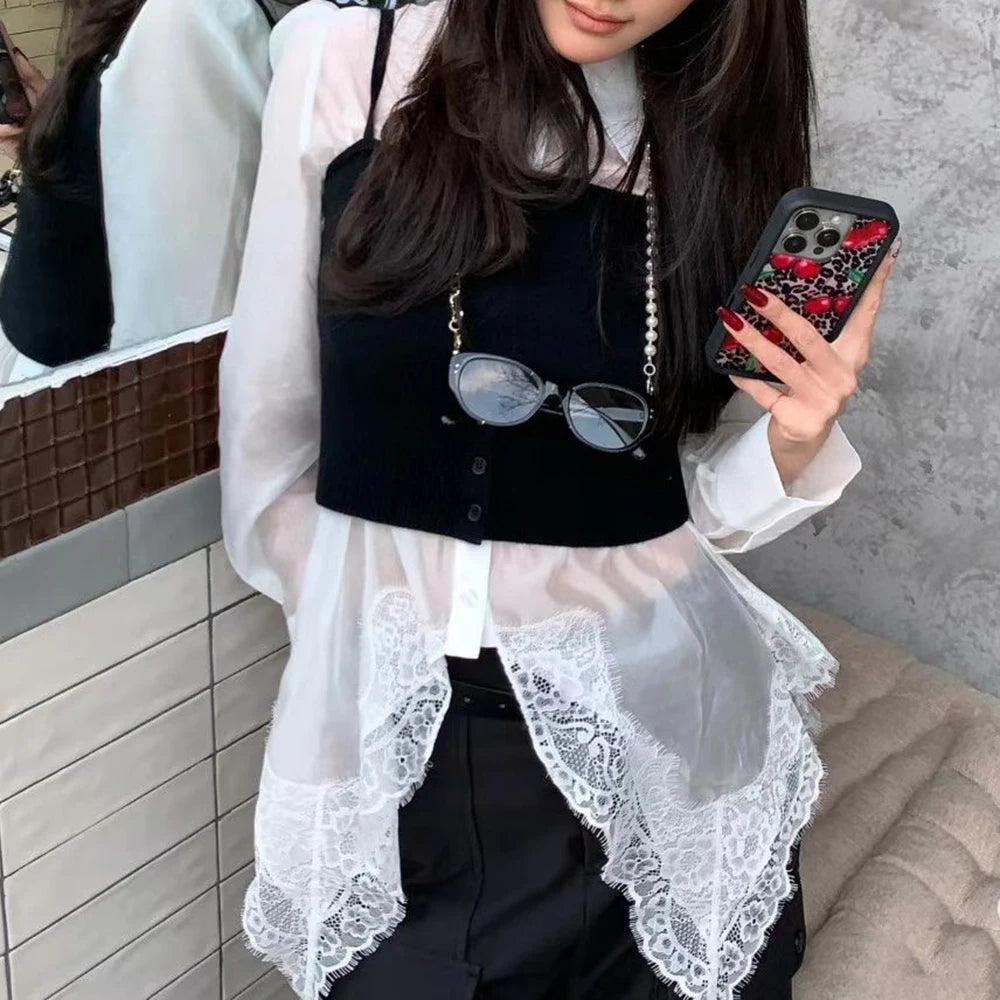 Patchwork Spliced Lace Long Sleeve Irregular Design Sense Shirts Mssza