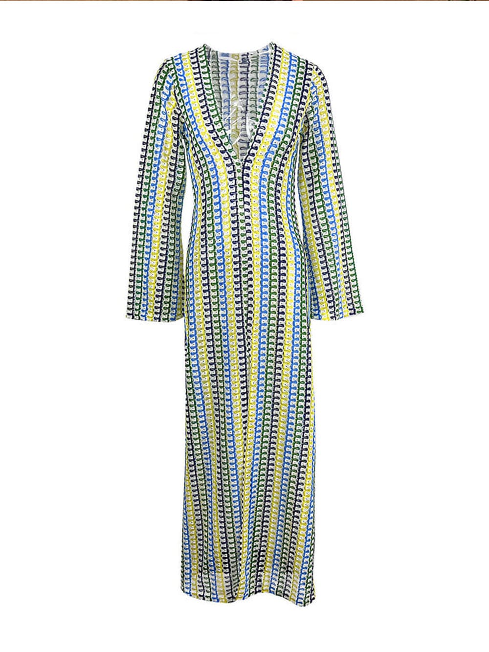 Boho V Neck Bell Sleeve Wavy Striped Crochet Beach Vacation Maxi Dress Yellow Mssaz Desses