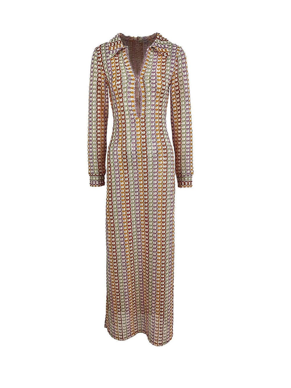 Boho Collared V Neck Split Wavy Striped Crochet Beach Vacation Maxi Dress Brown Mssaz Desses