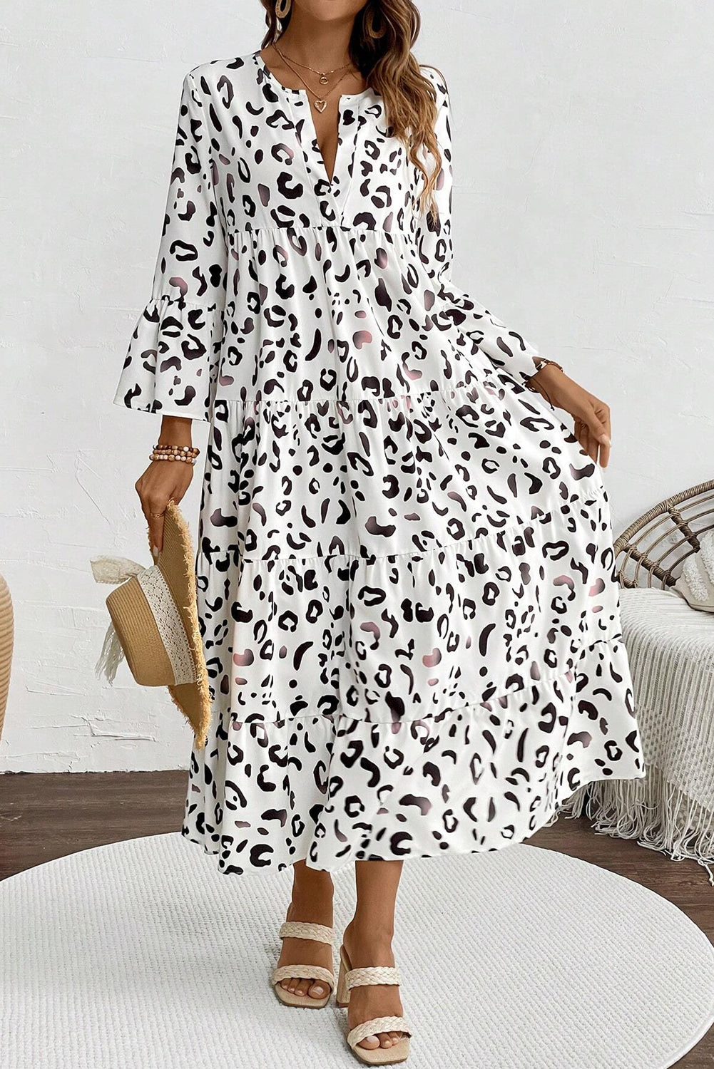 White Leopard Print Notch V Neck Loose Fit Maxi Dress Mssaz Desses