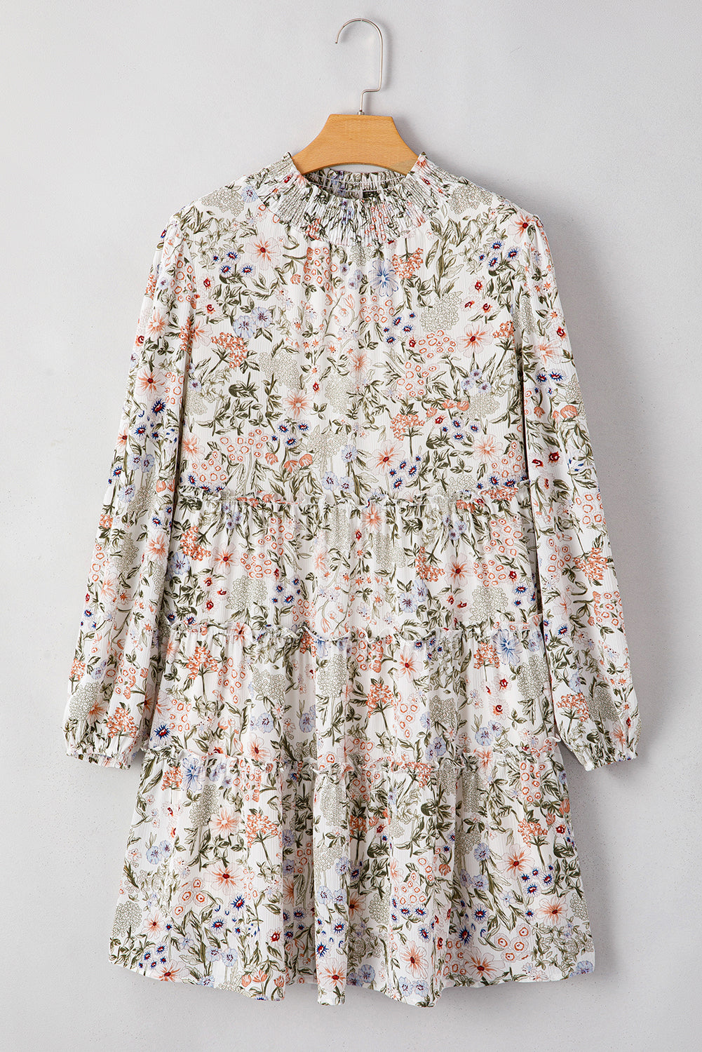 Green Floral Print Tiered Frilled Shirred Mock Neck Mini Dress Mssaz Desses