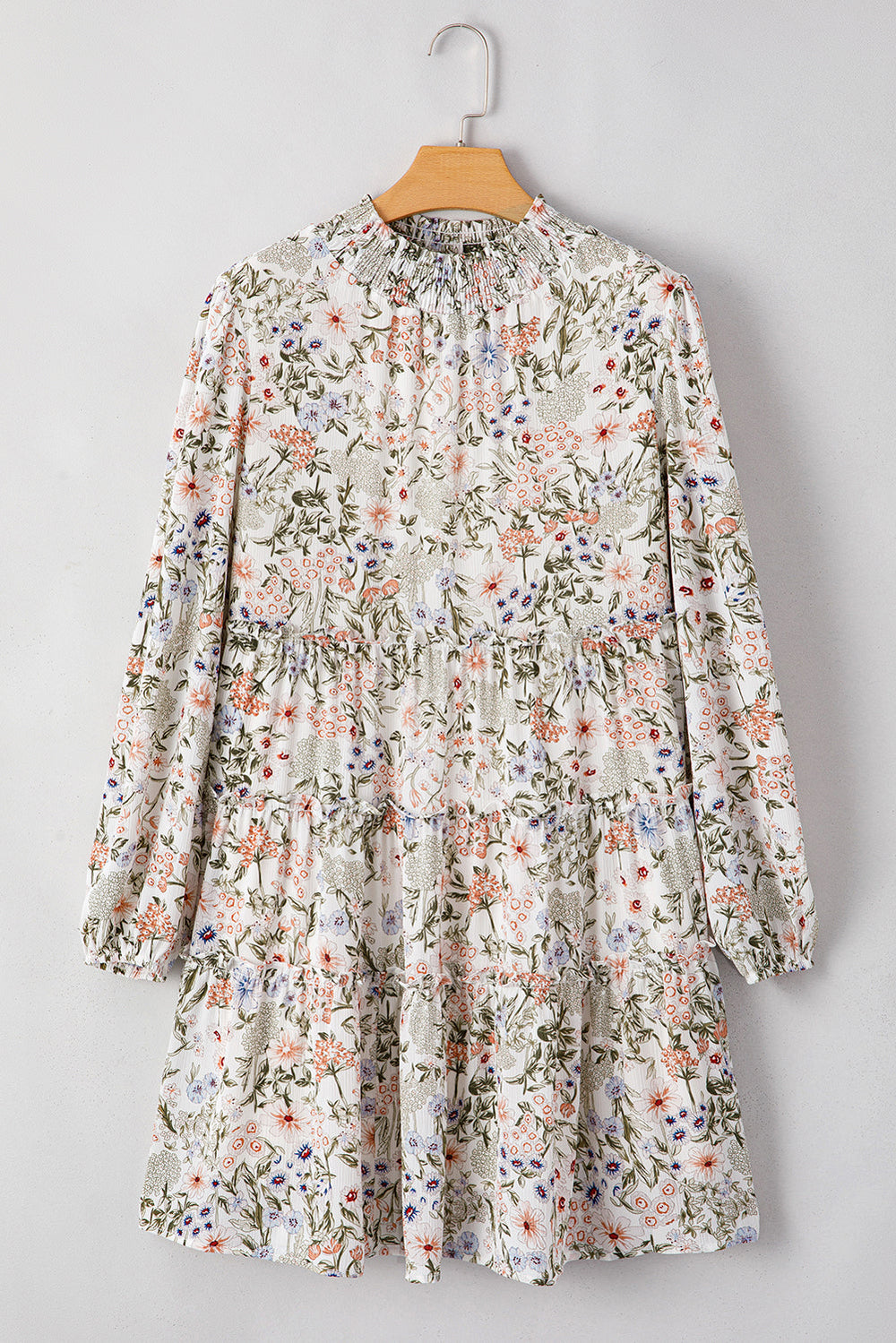 Green Floral Print Tiered Frilled Shirred Mock Neck Mini Dress Mssaz Desses