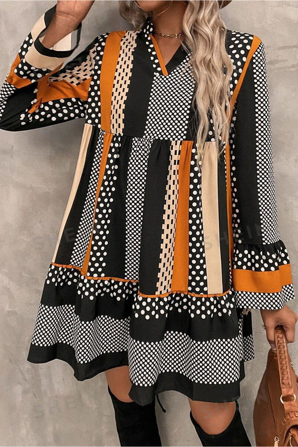 Black Striped Polka Dot Print Ruffled Hem V Neck Mini Dress Mssaz Desses