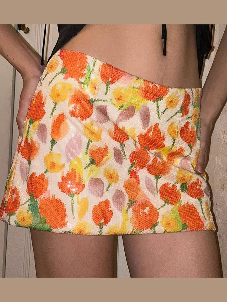 Casual Asymmetrical Flower Print Culotes Street Hottie Trend Sequins Skirts Mssza