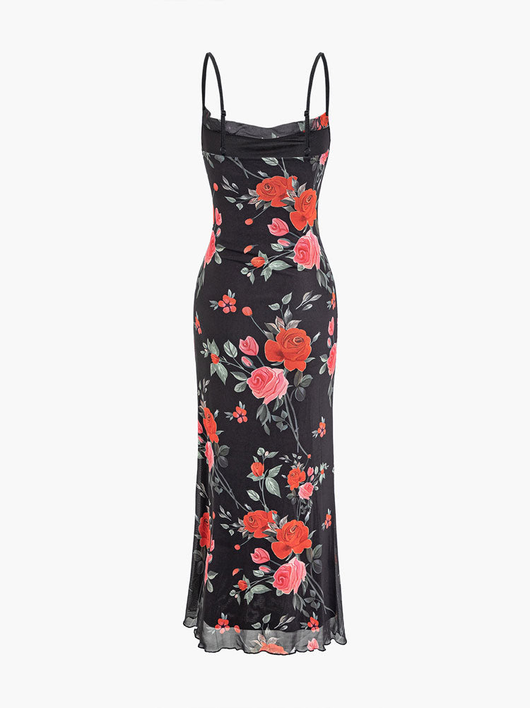 Floral Print Mesh Spaghetti Strap Maxi Dress Mssaz Desses