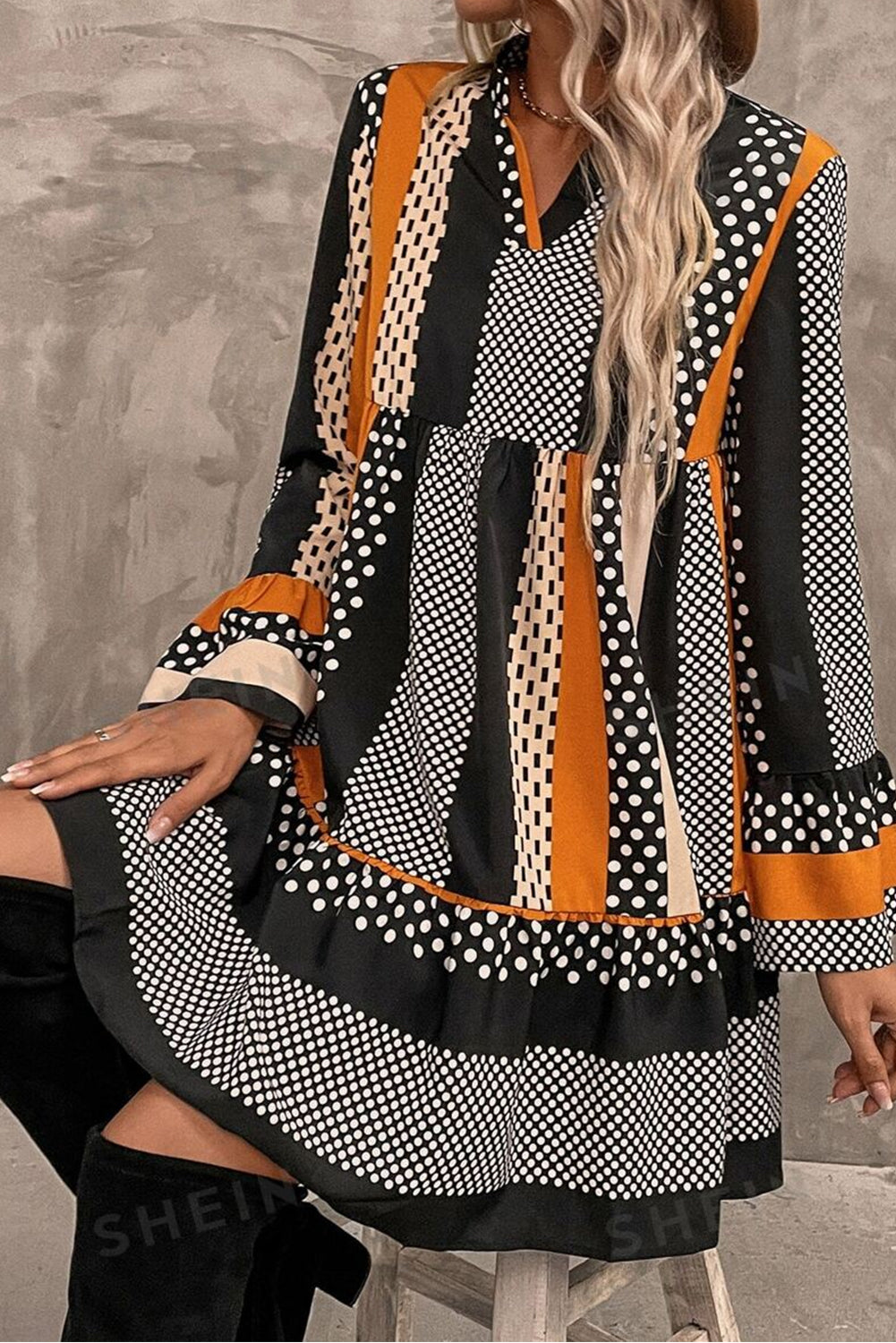 Black Striped Polka Dot Print Ruffled Hem V Neck Mini Dress Mssaz Desses