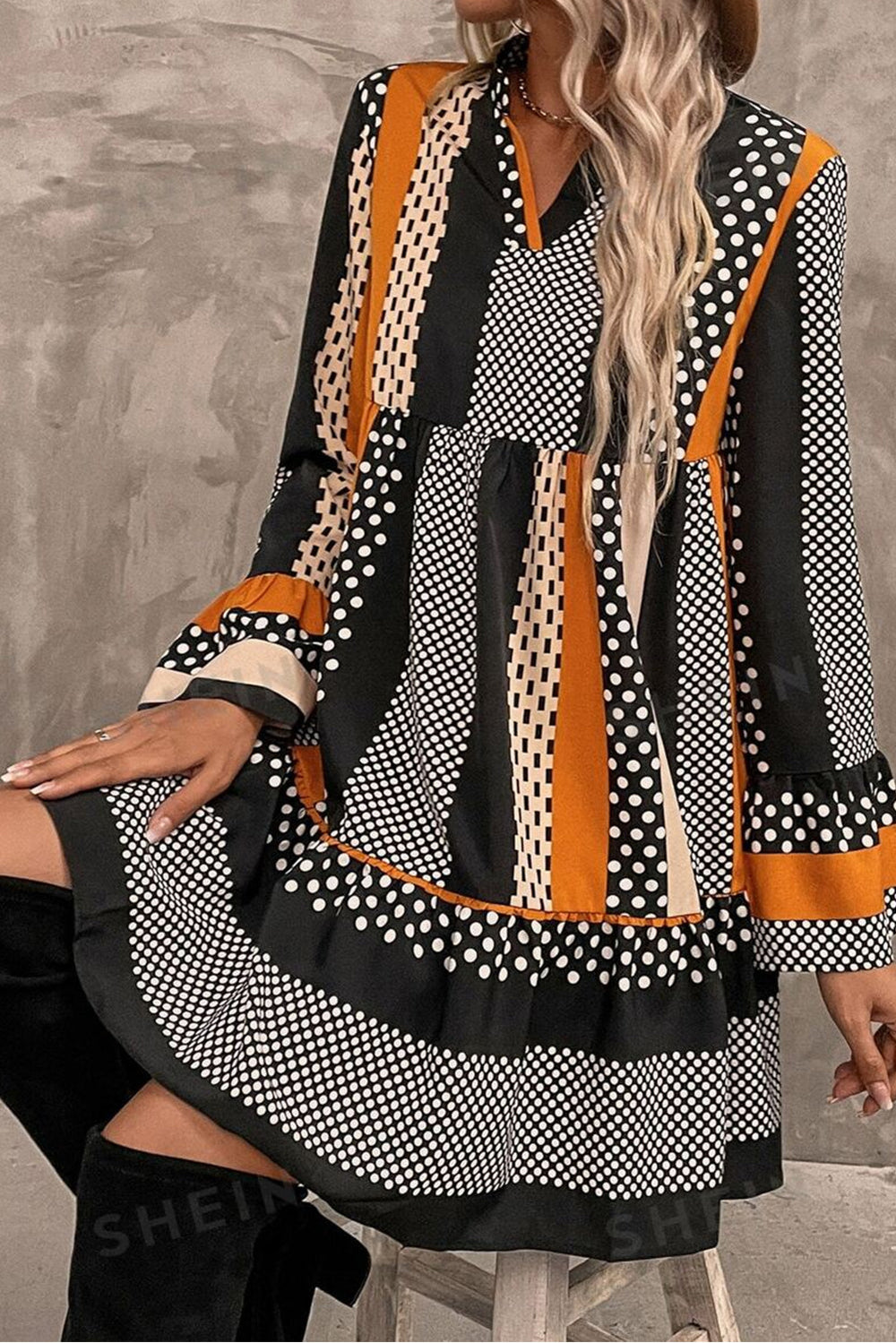 Black Striped Polka Dot Print Ruffled Hem V Neck Mini Dress Mssaz Desses