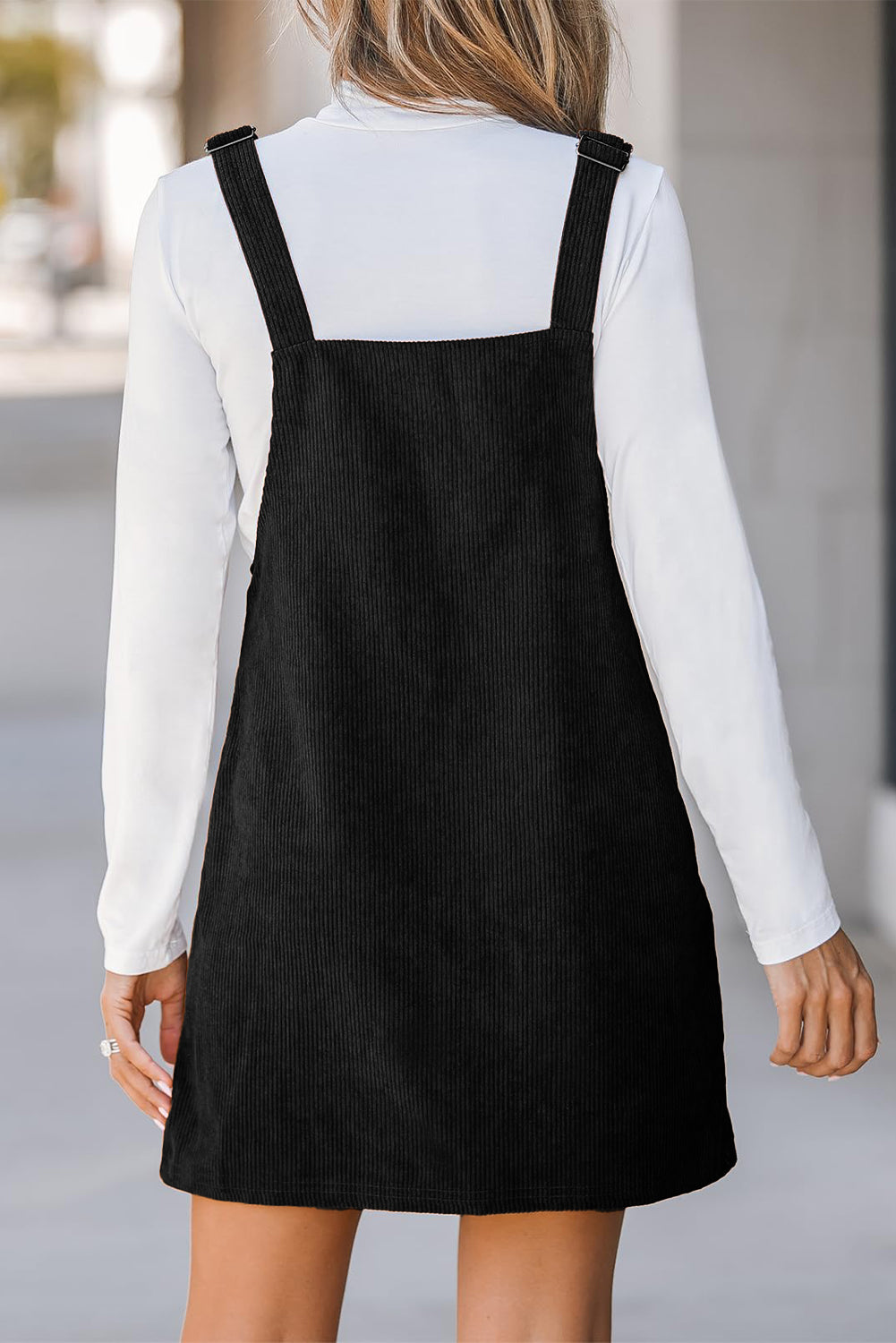 Black Solid Front Pockets Sleeveless Corduroy Overall Dress Mssaz Desses
