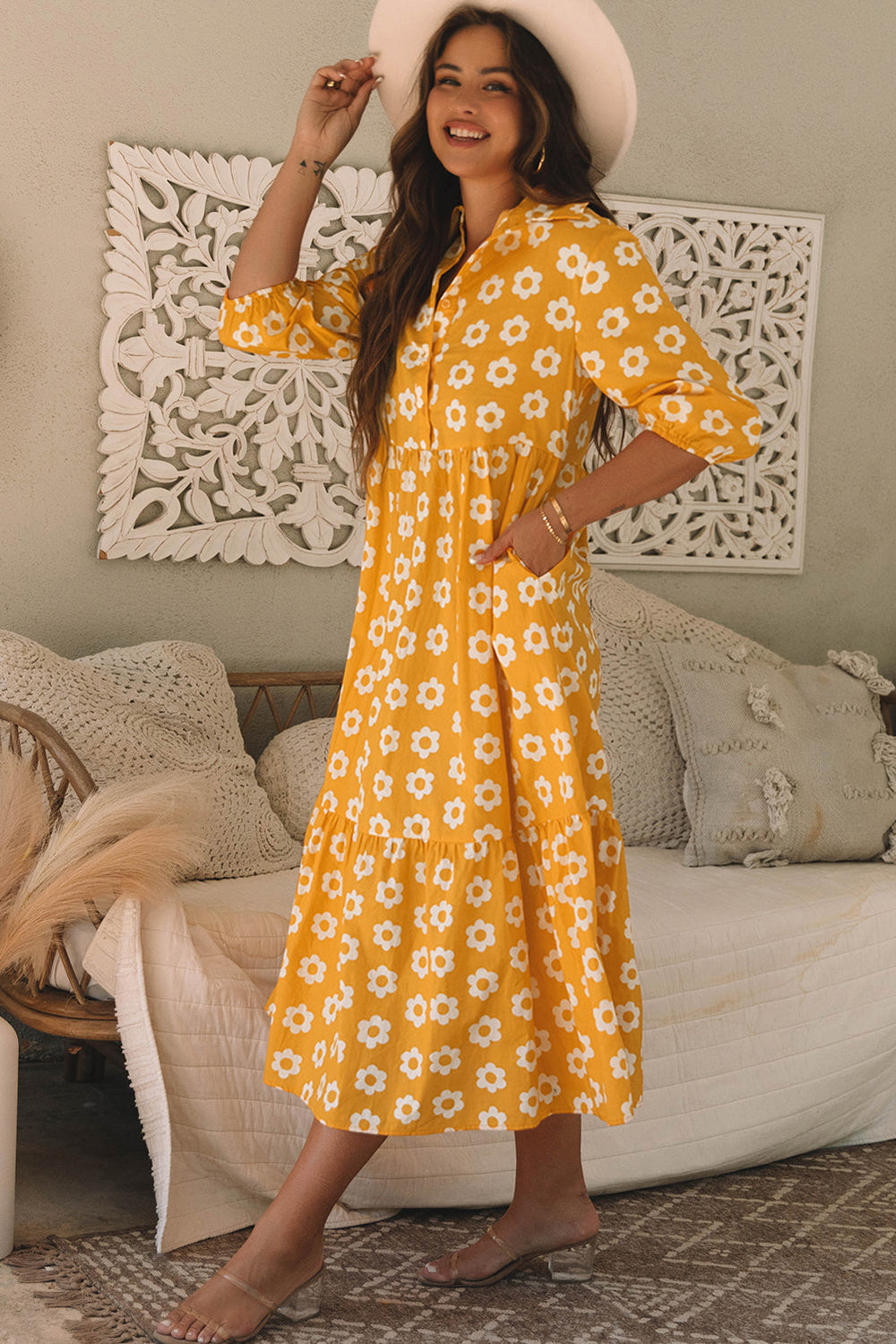 Yellow Flower Print Bracelet Sleeve Buttons Collared Maxi Dress Mssaz Desses
