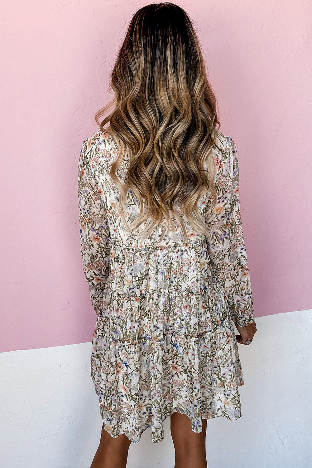 Green Floral Print Tiered Frilled Shirred Mock Neck Mini Dress Mssaz Desses