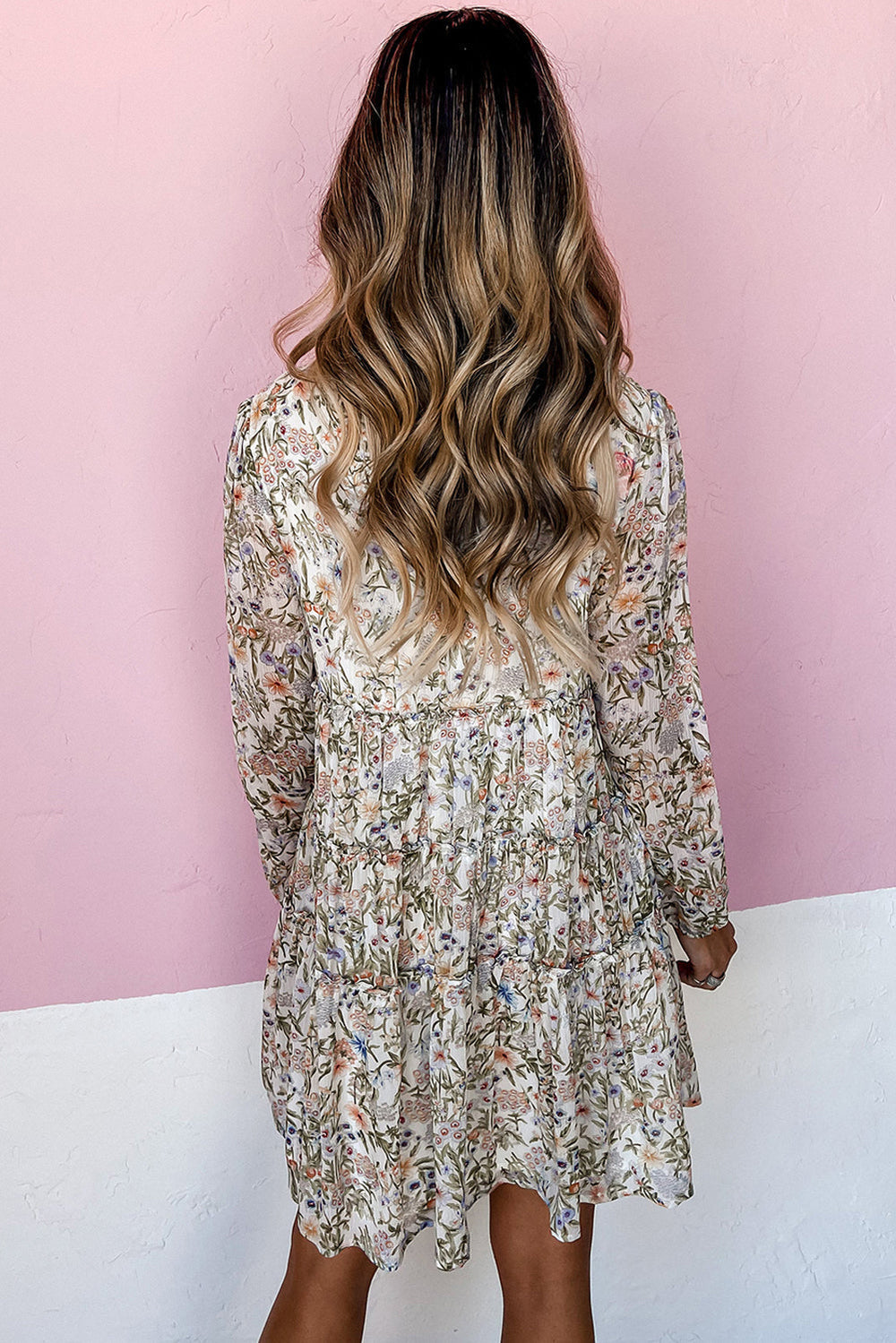 Green Floral Print Tiered Frilled Shirred Mock Neck Mini Dress Mssaz Desses