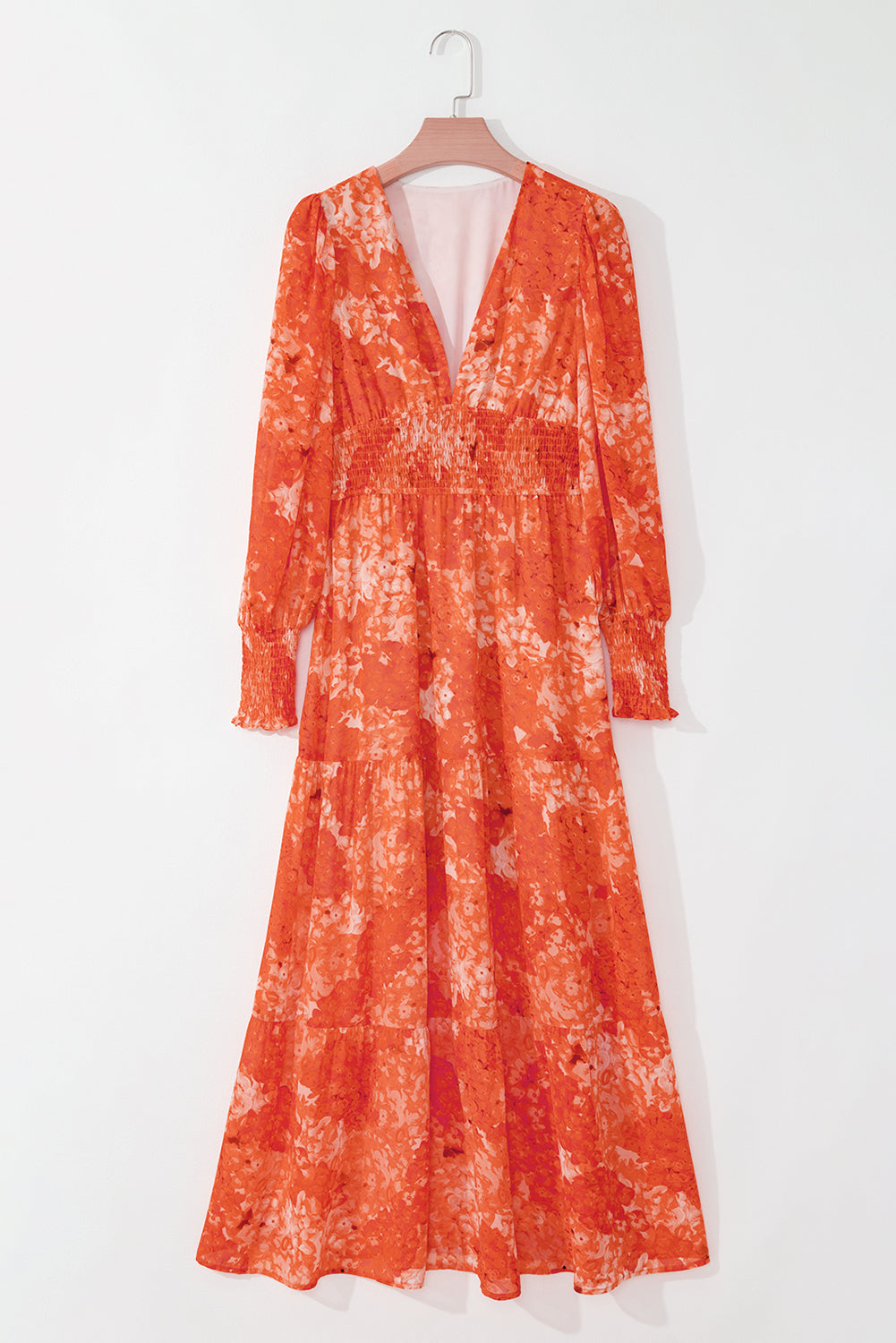 Orange Boho Floral Bishop Sleeve V Neck Tiered Maxi Dress Mssaz Desses