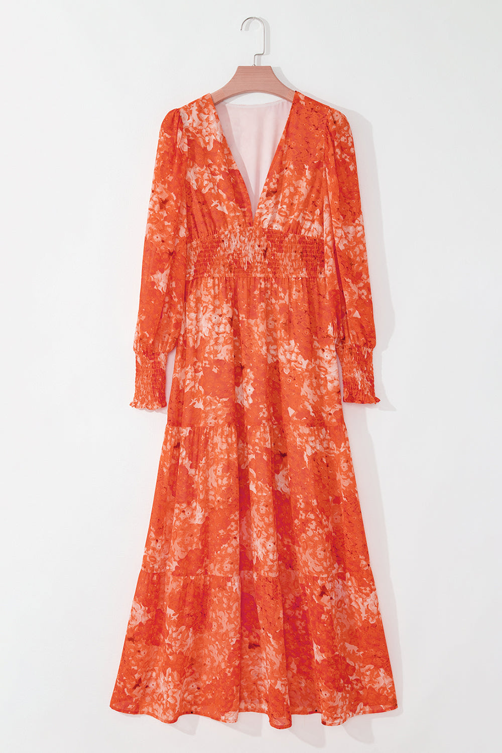 Orange Boho Floral Bishop Sleeve V Neck Tiered Maxi Dress Mssaz Desses
