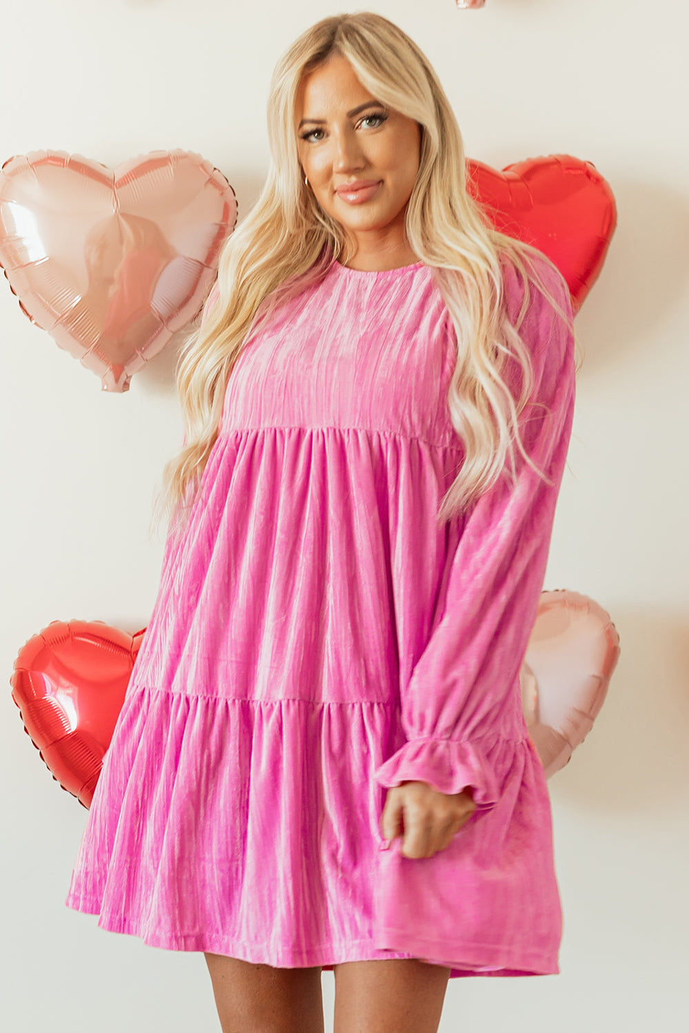 Strawberry Pink Flounce Sleeve Tiered Ruffled Velvet Mini Dress Mssaz Desses