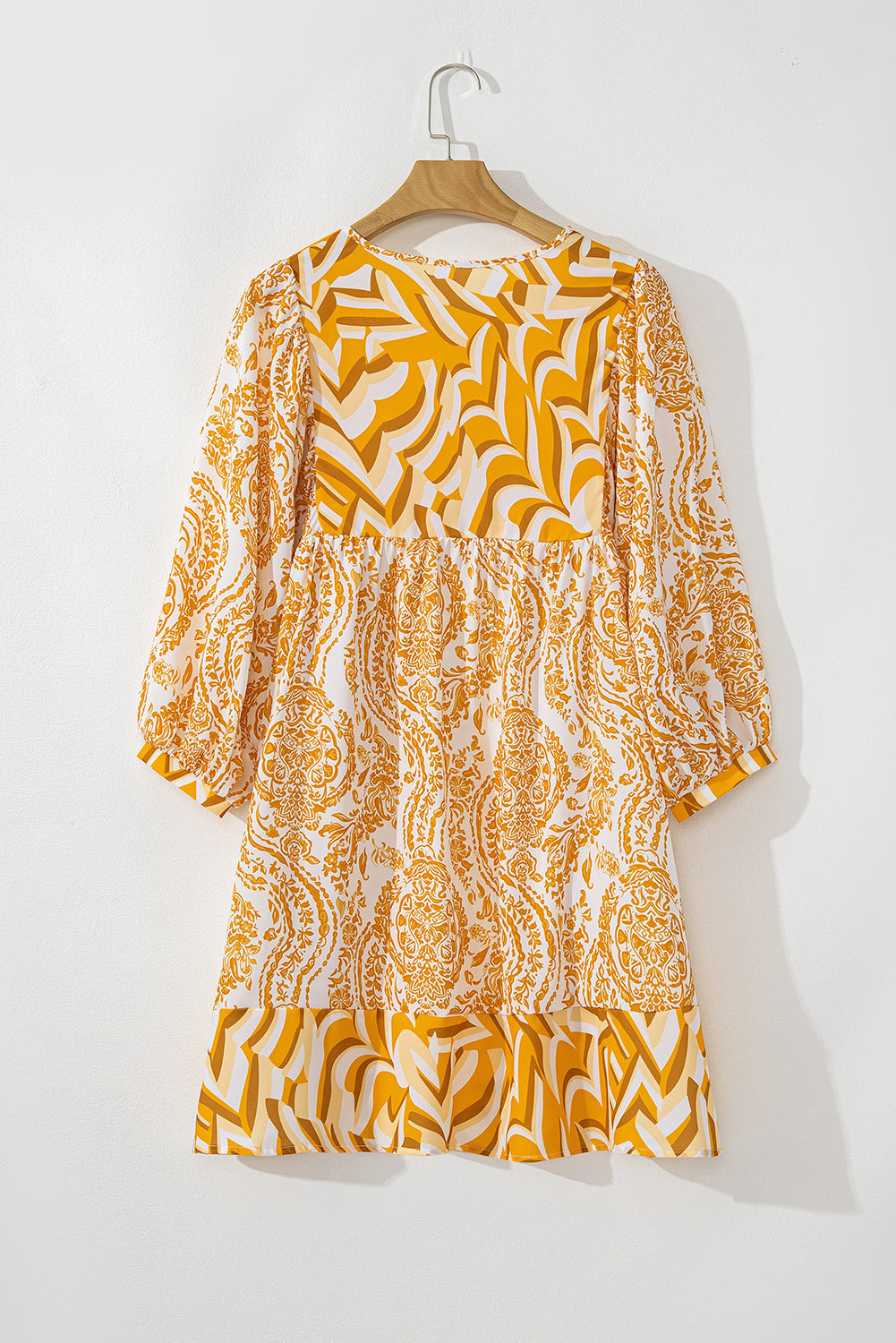 Orange Bohemian Print Puff Sleeve Tied V Neck Flared Mini Dress Mssaz Desses