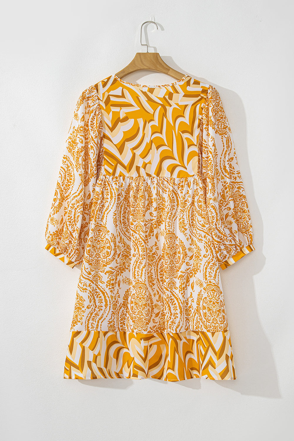 Orange Bohemian Print Puff Sleeve Tied V Neck Flared Mini Dress Mssaz Desses