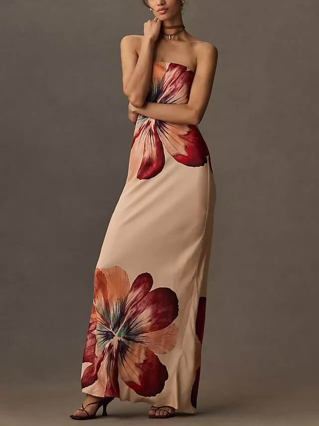 Fashionable Printed  Tube Top Slim Fit Midi Dress Mssaz Desses
